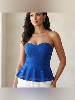 Ambiance Royal Blue Lace Peplum Strapless Top with Sweetheart Neckline Size L